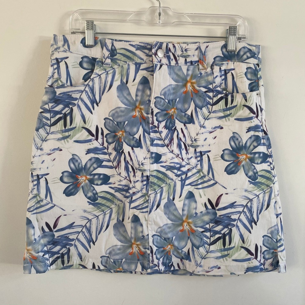 Westport Women's Hawaiian Blue White Floral Print Skirt Tropical Leaf Flower Sz4